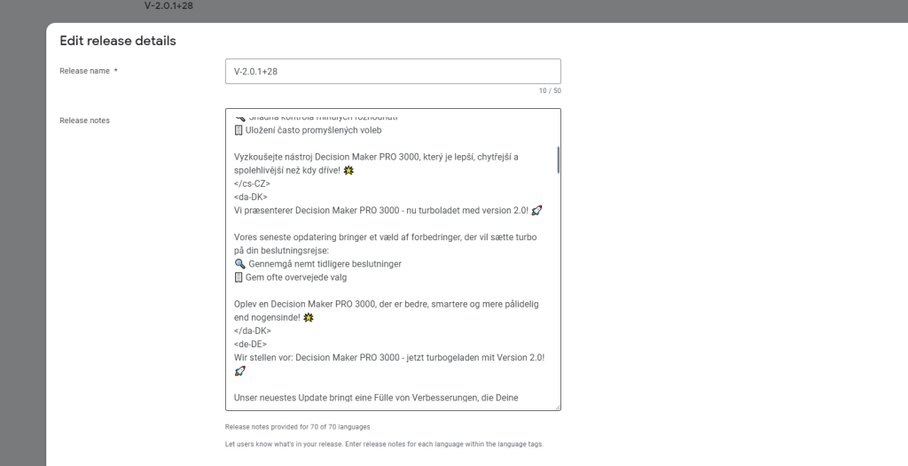 Release Notes editing in Google Play Console